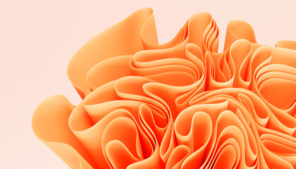 Orange abstract background with folds or ribbon waves, 3d render