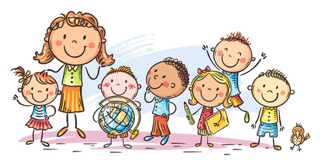 Leinwandbilder - Happy schoolkids with their teacher, school or kindergarten clipart