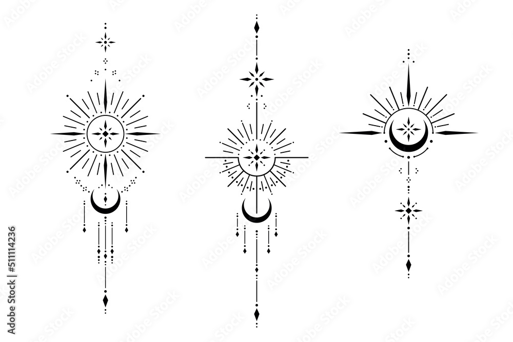 Set of blackwork tattoo with sun, moon, star. Sacred geometry tattoo design, mystic symbol. New school dotwork, line art minimalist style tattoo. Boho design. Print, posters, t-shirts and textiles. Stock Vector | set-of-blackwork-tattoo-with-sun-moon-star-sacred-geometry-tattoo-design-mystic-symbol-new-school-dotwork-line-art-minimalist-style-tattoo-boho-design-print-posters-t-shirts-and-textiles-stock-vector