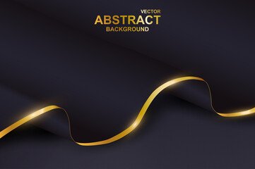 Leinwandbilder - Abstract wave background. Black wavy smooth paper with golden border lies on dark backdrop. Elegant wallpaper with realistic gold metallic line on paper. Luxury banner design. Vector illustration