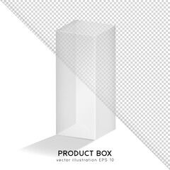 Transparent isometric rectangular box for product presentation (cosmetic, medicals, etc.) White empty glass container mockup. 3D realistic packaging, shipping case, cube. Vector illustration EPS 10