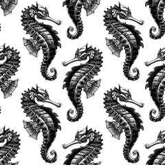 Wall Mural - Sea horse hand drawn sketch, Seamless pattern