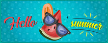 Hello Summer 2022 Blue Banner. Vector Symbols Of Hot Season: Melon, Ice Cream And Sunglasses. 