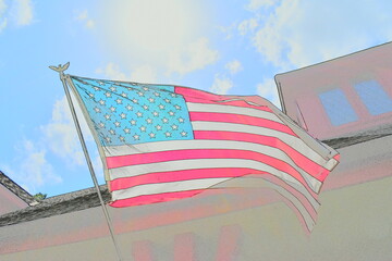 Sticker - American Flag on the Front Porch of a House