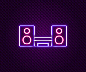 Sticker - Glowing neon line Home stereo with two speakers icon isolated on black background. Music system. Colorful outline concept. Vector