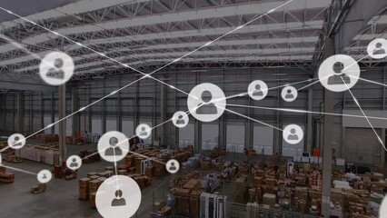 Wall Mural - Animation of network of connections with icons over warehouse