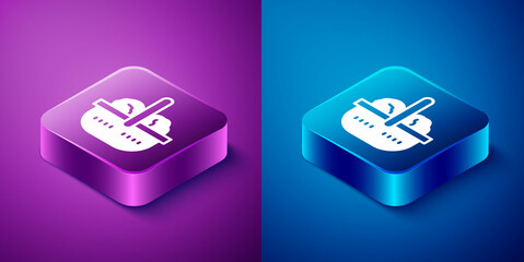 Isometric Shopping basket and food icon isolated on blue and purple background. Food store, supermarket. Square button. Vector