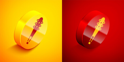 Poster - Isometric Medieval chained mace ball icon isolated on orange and red background. Morgenstern medieval weapon or mace with spikes. Circle button. Vector