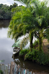 Boat stopped on the river among the trees.