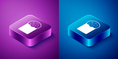 Wall Mural - Isometric Easter cake icon isolated on blue and purple background. Happy Easter. Square button. Vector