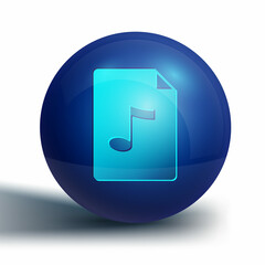 Poster - Blue MP3 file document. Download mp3 button icon isolated on white background. Mp3 music format sign. MP3 file symbol. Blue circle button. Vector