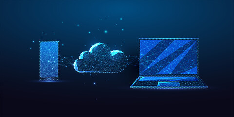 Wall Mural - futuristic cloud strorage concept with glowing low polygonal laptop, smartphone and cloud on blue
