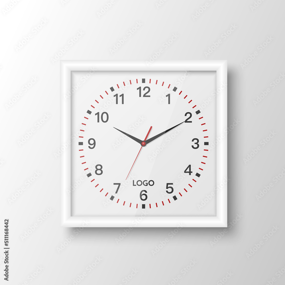 Vector 3d Realistic Square White Wall Office Clock Design Template ...