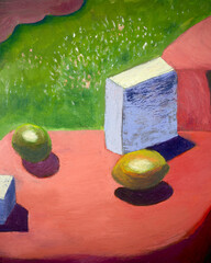 Still life oil painting of two avocados, a book, and red tables on the green lawn, original artwork