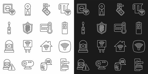 Poster - Set line Digital door lock, Wi-Fi wireless internet network, Remote control, Fingerprint, Electric toothbrush, Smart electrical outlet and Thermostat icon. Vector