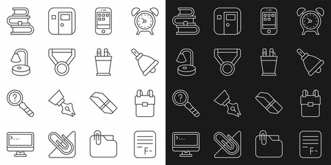 Poster - Set line Exam paper with incorrect answers, School backpack, Ringing bell, Smartphone, Medal, Table lamp, Book and Pencil case stationery icon. Vector