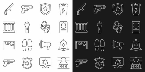 Poster - Set line Suspect criminal, British police helmet, Police badge with id case, Flashlight, Prison window, rubber baton and Handcuffs icon. Vector