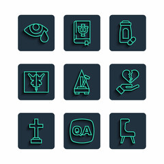 Poster - Set line Graves funeral sorrow, Question and Answer, Armchair, Sedative pills, Metronome with pendulum, Rorschach test, Tear cry eye and Broken heart divorce icon. Vector