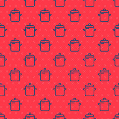 Wall Mural - Blue line Cooking pot icon isolated seamless pattern on red background. Boil or stew food symbol. Vector