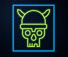 Wall Mural - Glowing neon line Skull with viking helmet icon isolated on brick wall background. Happy Halloween party. Vector