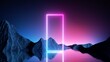 canvas print picture 3d render. Aesthetic minimalist wallpaper. Fantastic landscape with rocky mountains, calm water, pink blue evening sky and glowing neon rectangular geometric frame. Abstract futuristic background