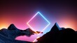 canvas print picture 3d rendering. Aesthetic minimalist wallpaper. Surreal landscape with rocky mountains, water, fantastic sunset sky and neon square shape. Abstract background