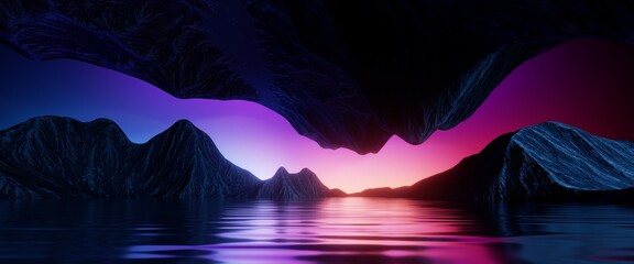 Wall Mural - 3d render, abstract panoramic background, surreal fantasy landscape with lake water, mountains and p