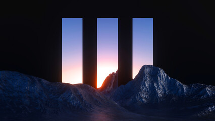Wall Mural - 3d rendering, abstract modern minimal panoramic background with geometric mirrors and landscape with