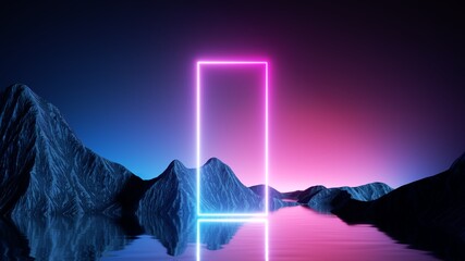Wall Mural - 3d render. Aesthetic minimalist wallpaper. Fantastic landscape with rocky mountains, calm water, pink blue evening sky and glowing neon rectangular geometric frame. Abstract futuristic background
