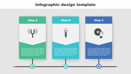 Sticker - Set Musical tuning fork, Microphone and DJ playing music. Business infographic template. Vector