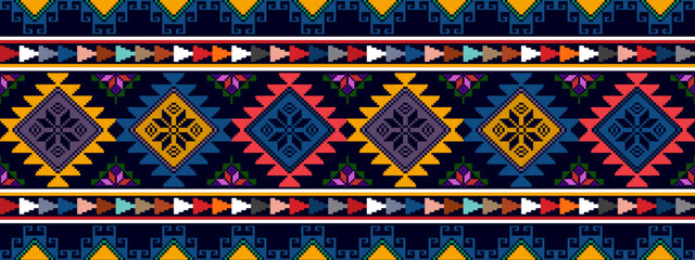 Wall Mural - Ikat abstract geometric ethnic seamless pattern design. Tribal boho native textile turkey traditional embroidery vector. Aztec fabric carpet mandala ornaments textile decorations wallpaper.