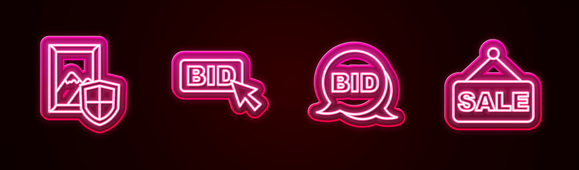 Poster - Set line Auction painting, Bid, and Price tag with Sale. Glowing neon icon. Vector