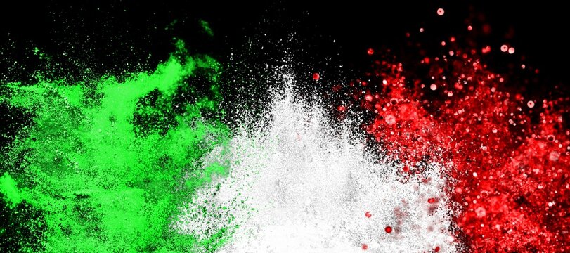 colorful italian flag green white red color holi paint powder explosion, italia europe travel tourism concept