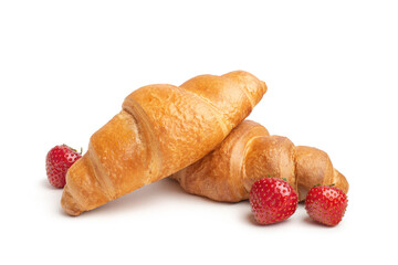 two croissants with strawberries on a white isolated background