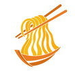 Asian noodles bowl with chopsticks illustration vector. Thai noodles boat bowl logo vector design. Japanese ramen noodles on ship bowl logo design concept. 