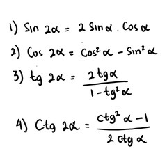Basic trigonometric identities. Formulas to calculate sine, cosine, tangent, tangent for double angles. Higher Education, Mathematics. Handwritten math text. vector. EPS10