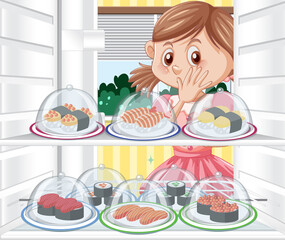 Wall Mural - Girl looking foods in fridge