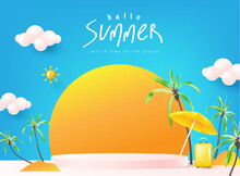Summer Sale Banner Template For Promotion With Product Display Cylindrical Shape And Beach Background