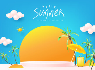 Wall Mural - summer sale banner template for promotion with product display cylindrical shape and beach backgroun