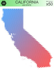 Wall Mural - Dotted map of the state of California in the USA, from hexagons, on a scale of 50x50 elements. With smooth edges and a smooth gradient from one color to another on a white background.