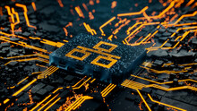 Network Technology Concept With Ethernet Symbol On A Microchip. Data Flows From The CPU Across A Futuristic Motherboard. 3D Render.