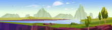 Mountain Valley Landscape With River, Trees And Rock Cliff. Vector Cartoon Illustration Of Summer Nature Panorama With Green Grass, Lake With Blue Water, Stones And Fissure In Ground