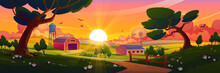 Summer Countryside With Farm Barn, Windmill, Water Tower And Agriculture Fields At Sunset. Vector Cartoon Illustration Of Rural Landscape Of Farmland With Wooden Shed, Road And Trees