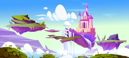 Wall Mural - Fantasy summer landscape with magic pink castle and floating islands. Vector cartoon illustration with ground pieces with royal palace, green grass and waterfall flying in sky