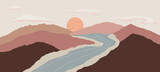 Fototapeta Boho - Abstract landscape illustrations. Mountains, sun, moon, sunset, desert, hills minimalist design. Trendy mid century art, boho home decor, wall art.