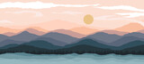 Fototapeta Boho - Abstract landscape illustrations. Mountains, sun, moon, sunset, desert, hills minimalist design. Trendy mid century art, boho home decor, wall art. wide art landscape design