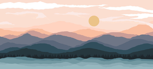 abstract landscape illustrations. mountains, sun, moon, sunset, desert, hills minimalist design. tre