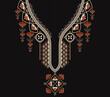 Vector ethnic African neckline pattern red-gold color flower shape design on black background. Elegant tribal art for shirts.