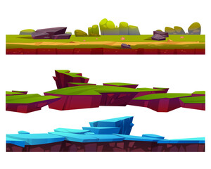 Wall Mural - seamless game ground textures of summer and winter landscape. vector cartoon set of level platforms 