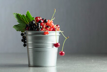 Cherries, Red And Black Currants In A Small Metal Bucket.